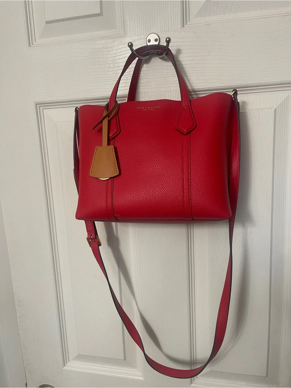 Tory Burch Perry Small Red Leather Tote Detachable Strap Crossbody